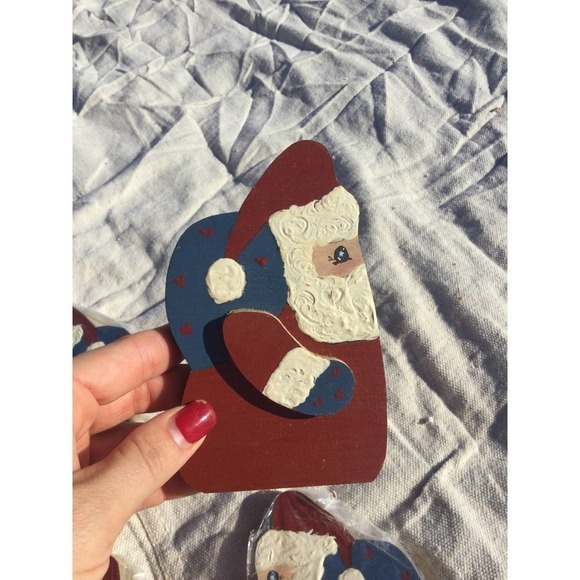 Wooden Santa figurines set of 6 red white blue 5” 5 in patriotic Christmas wood - Picture 2 of 6